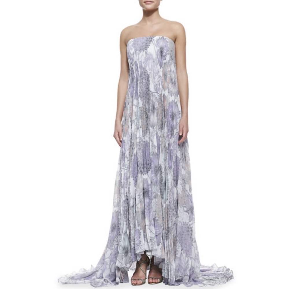 Badgley Mischka Pleated Floral Georgette Gown